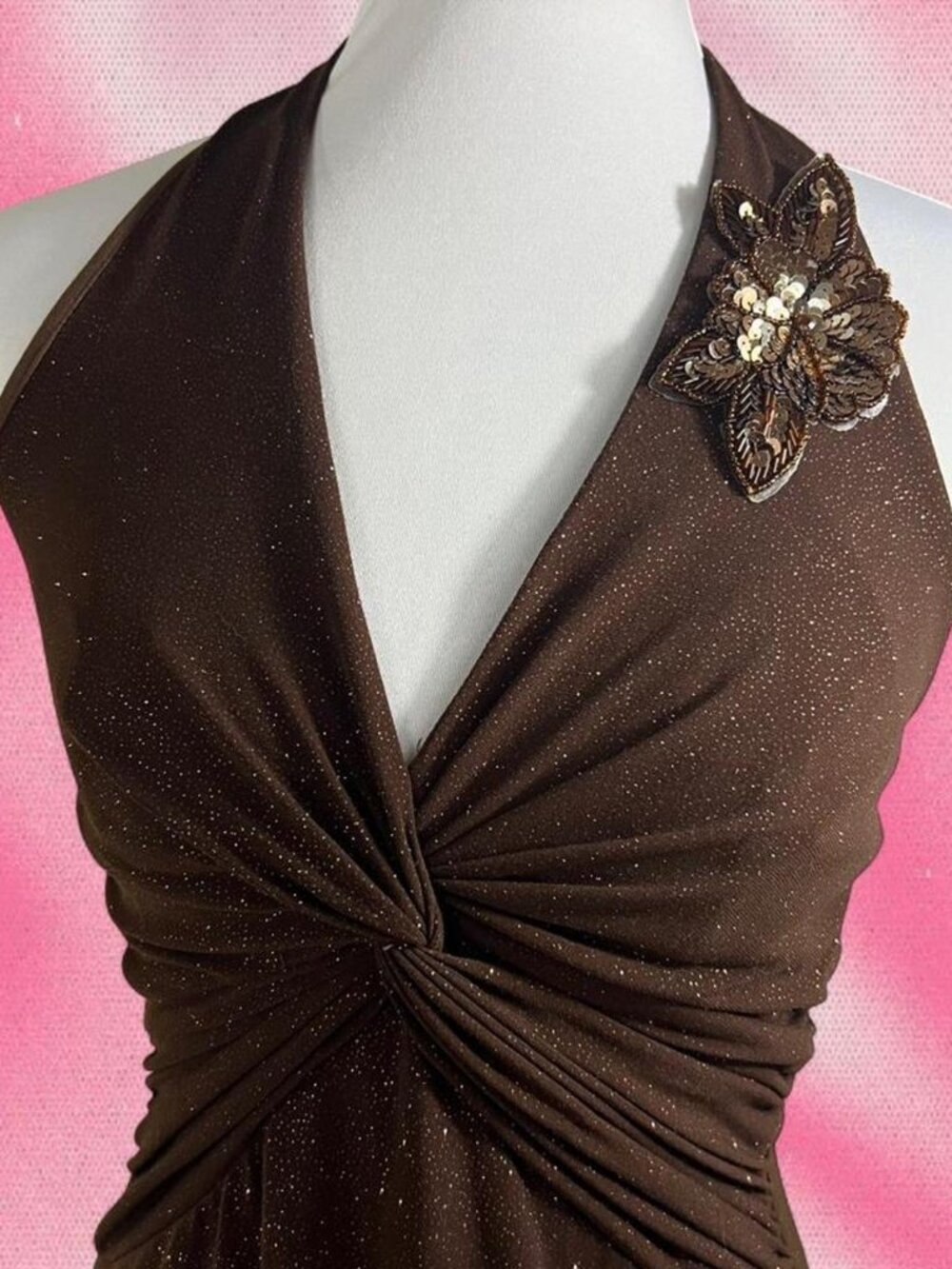 Y2K Brown Sequin Halter Dress with floral embellishment - Picture 2 of 6